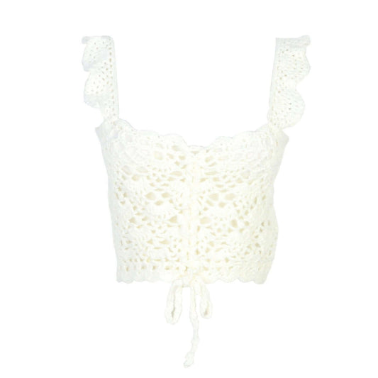 Hand Crochet Sleeveless Top Manufacturer | Adjustable drawstring white crochet top with ruffled straps.