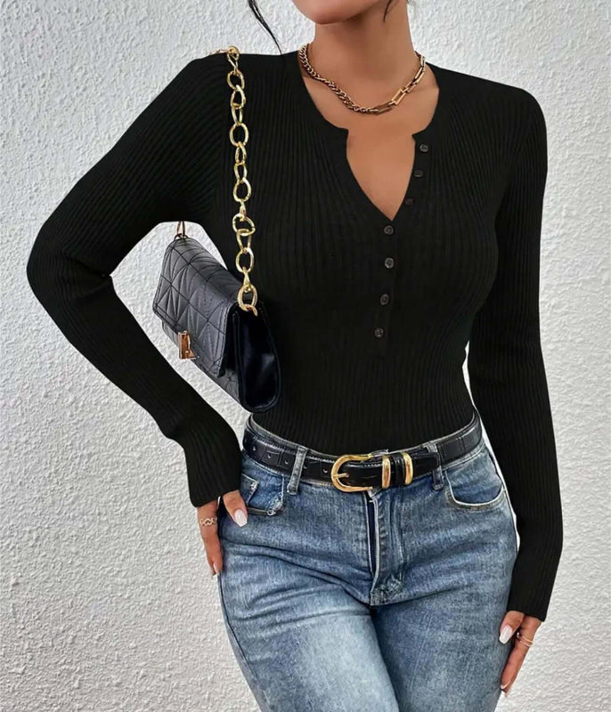 Women's Fitted Sweater - V - Neck Button Front Slim Fit OEM Knitwear - aprilsu