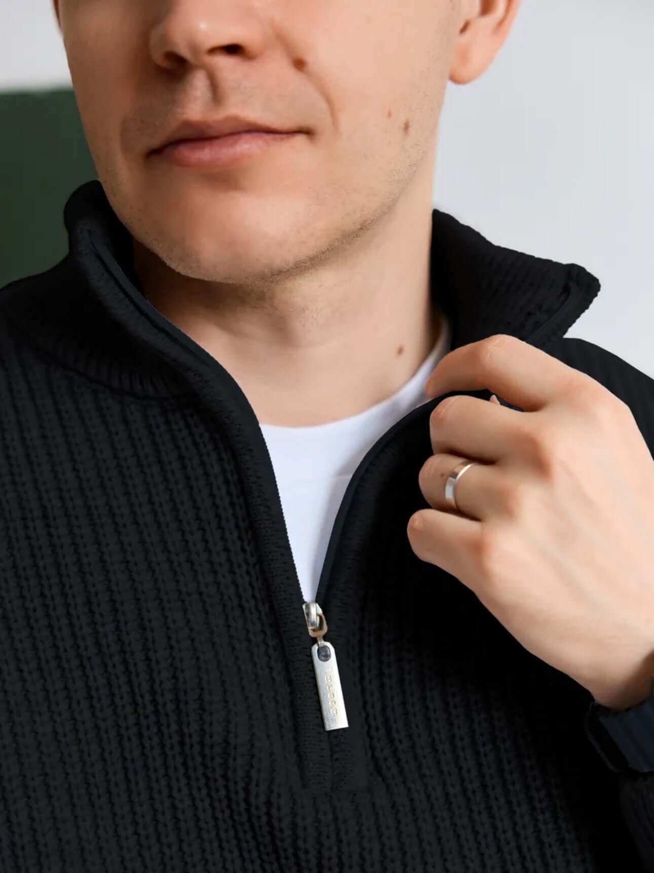 Collar and zipper detail of black half zip sweater