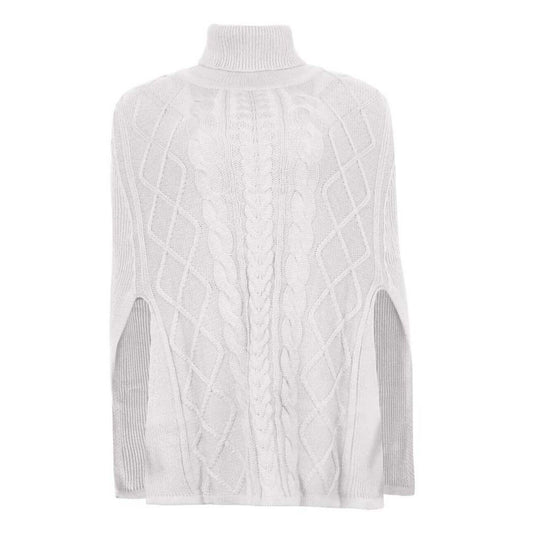 Flat lay front view of beige high neck cape sweater.