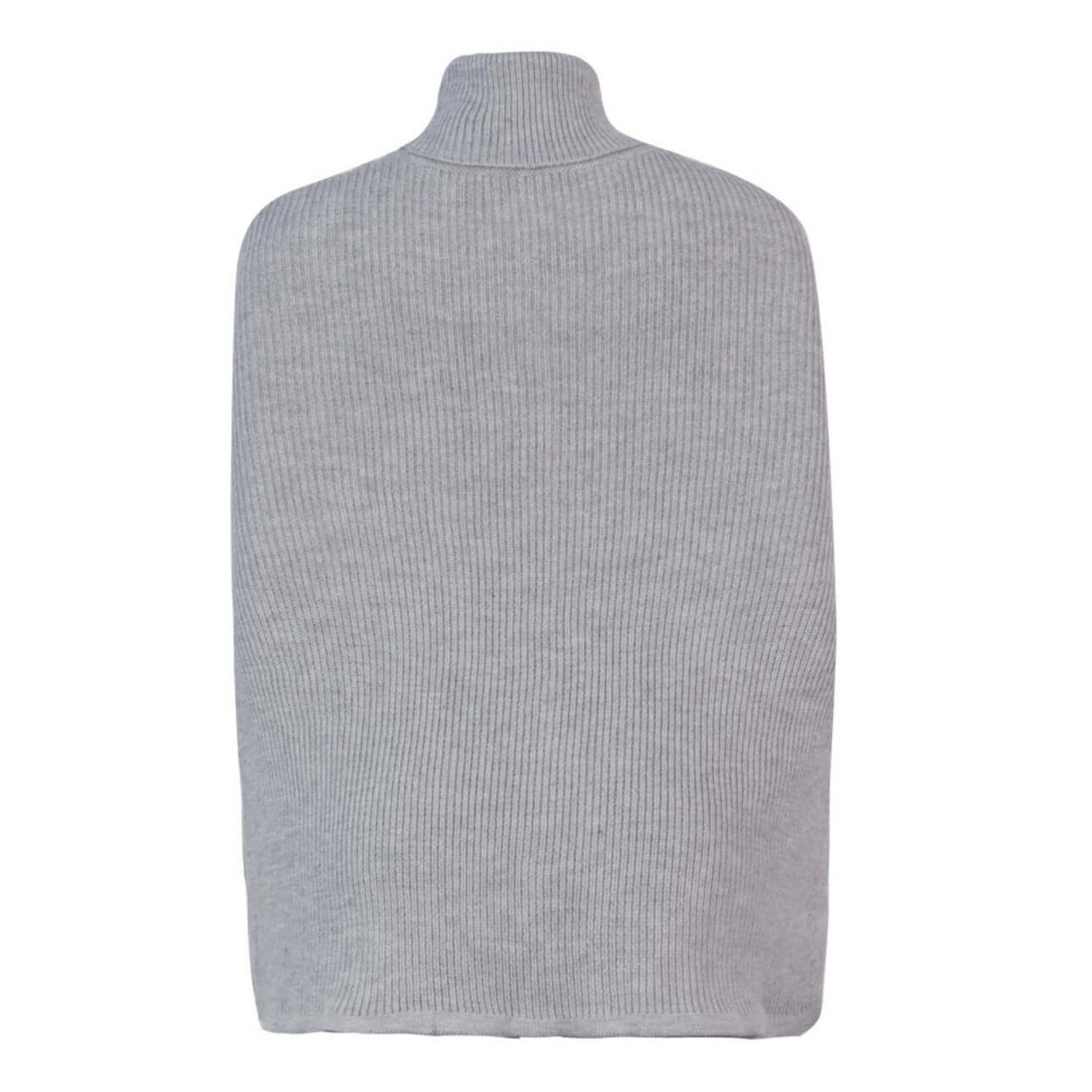 Back view of light gray high neck cape sweater flat lay.