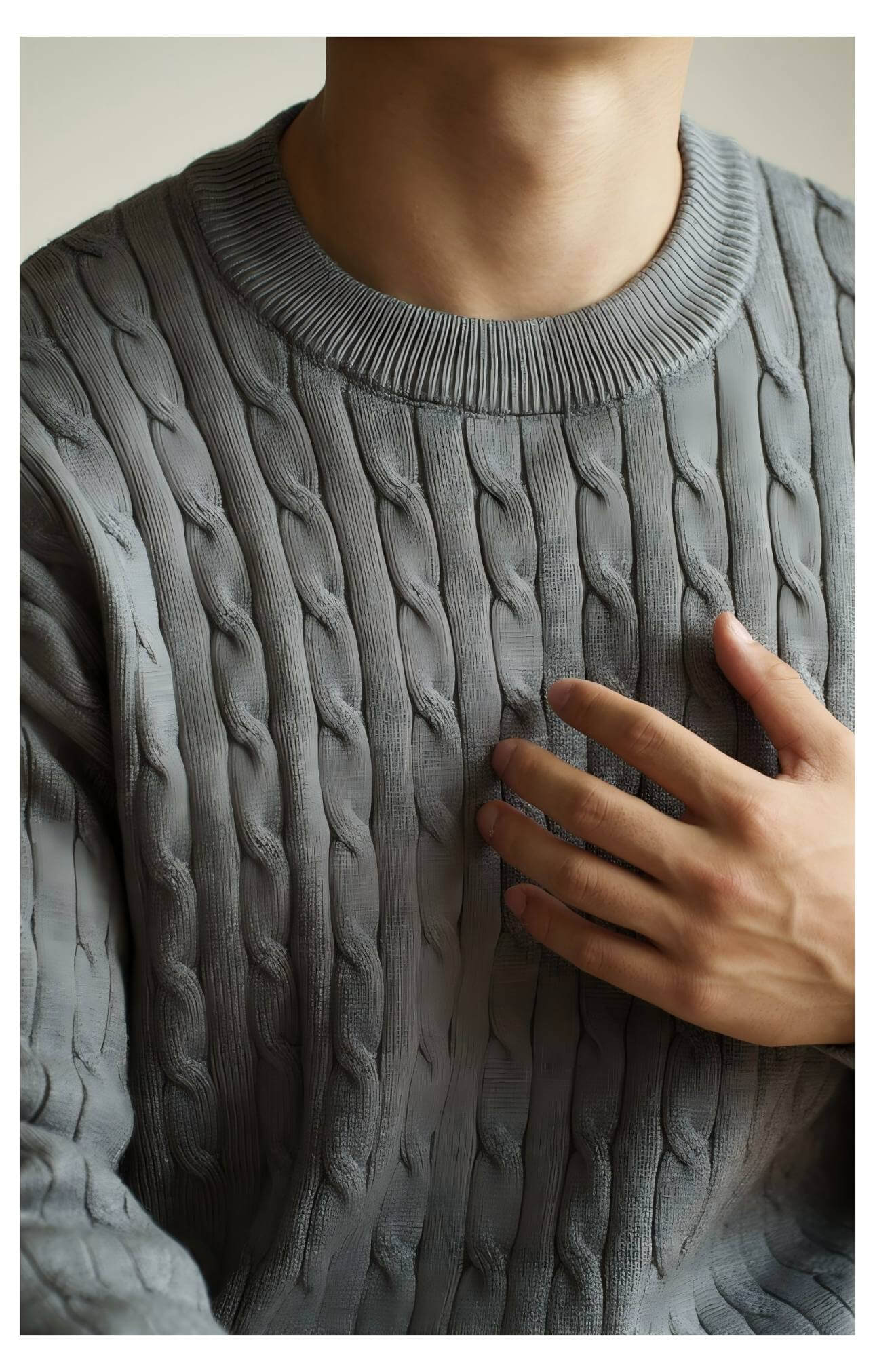 Men's Cable Knit Sweater OEM featuring a textured Aran pattern in gray color.