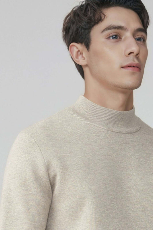 Men's Wool Sweater OEM - Model wearing a beige thick round-neck wool sweater for customizable options.
