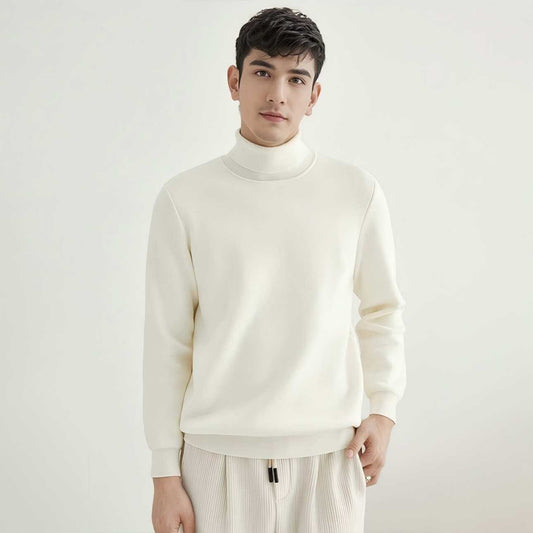 Men's Wool Turtleneck OEM - Model wearing a cream-colored thick high neck sweater, showcasing modern knitwear style.