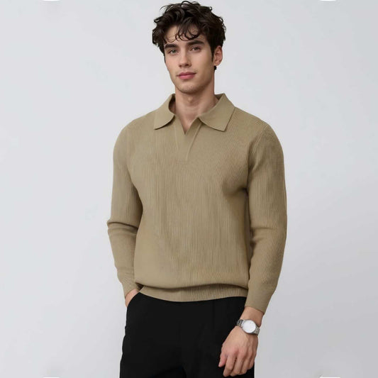 Men's V-Neck Sweater OEM - Model wearing a premium wool blend V-neck pullover sweater in beige.