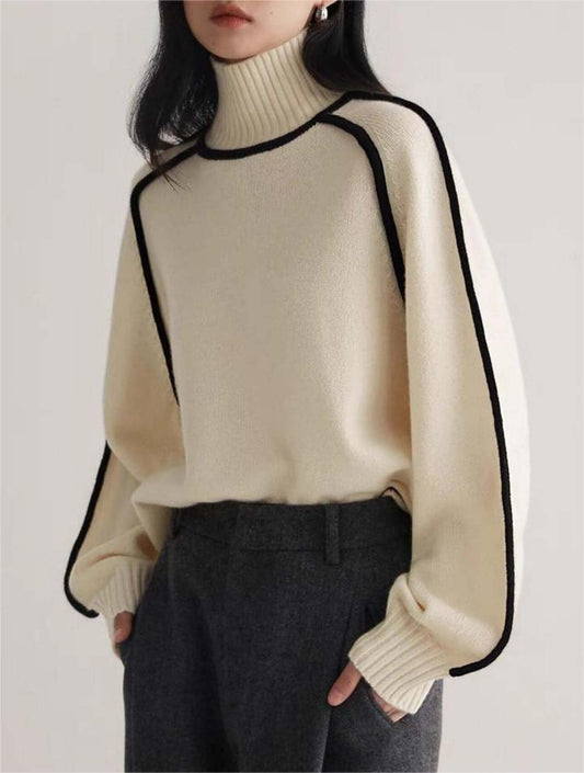 Side profile of woman wearing new sweater in beige