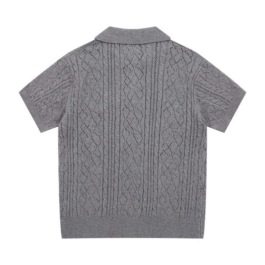 Back view of gray polo collar sweater flat presentation