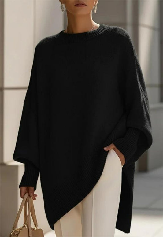Front view of black round neck sweater on female model