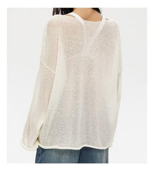Back view of white sheer sweater with round neck on model