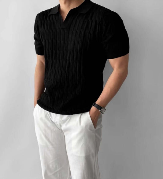 Short sleeve lapel sweater OEM in black worn by a man with a watch, showcasing a stylish V-collar design.