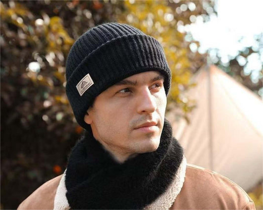 Warm Hat OEM - Men's 2-in-1 Beanie & Face Mask in outdoor setting, black ribbed knit design.