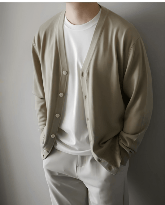 Man wearing apricot wool cardigan style MPW-AW25030, front view with buttons open