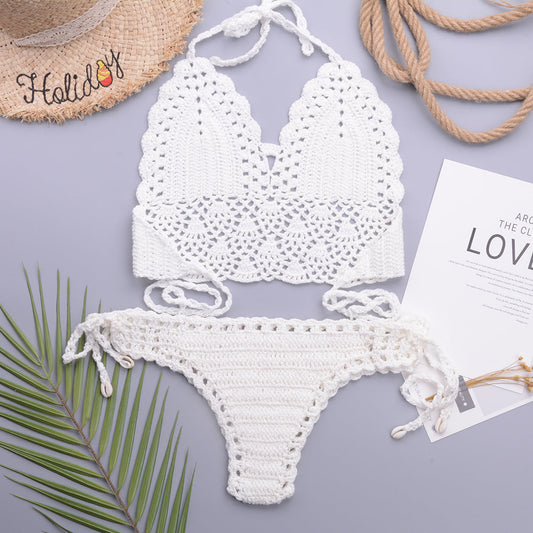 Hand Crochet Bikini Manufacturer white crochet bikini set on a flat background with accessories