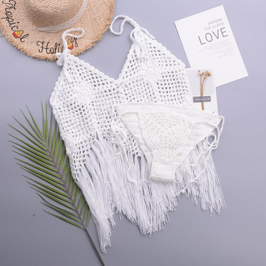Hemp Cotton Knitted Apparel featuring a white crochet top and matching bikini bottom on a stylish background.
