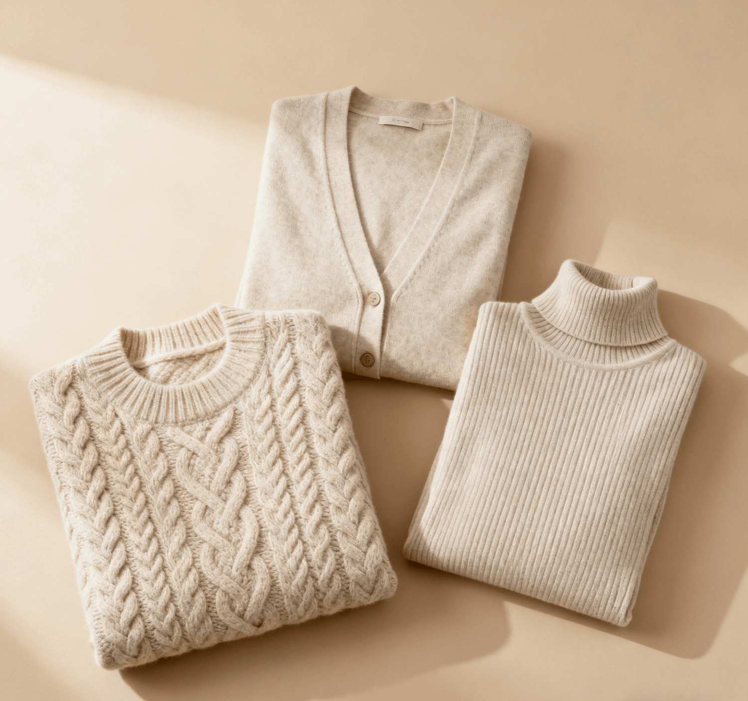 Knitwear clothing collection featuring custom sweaters and knit tops in neutral tones.