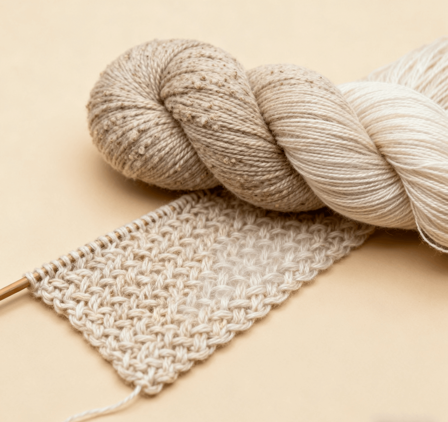 Knitwear by yarn showcasing beige yarn skeins and a knitted swatch, representing material-specific manufacturing.