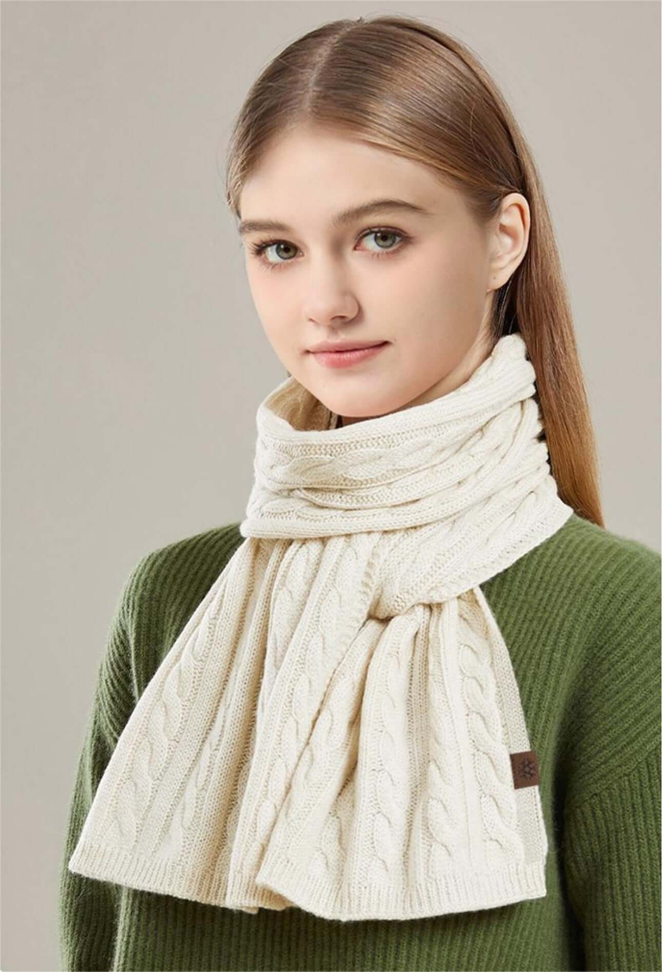 Thick Cable-Knit Scarf OEM showcased on a model, featuring premium winter style in a soft cream color.