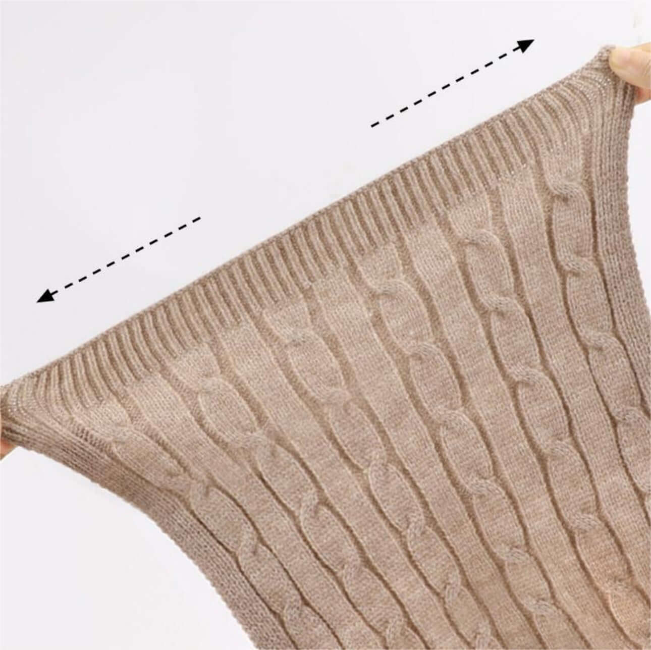 Thick Cable-Knit Scarf OEM showing stretchable design and detailed knitting in warm beige color