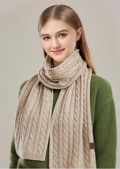 Thick Cable-Knit Scarf OEM displayed by a model, showcasing a beige color perfect for winter fashion.