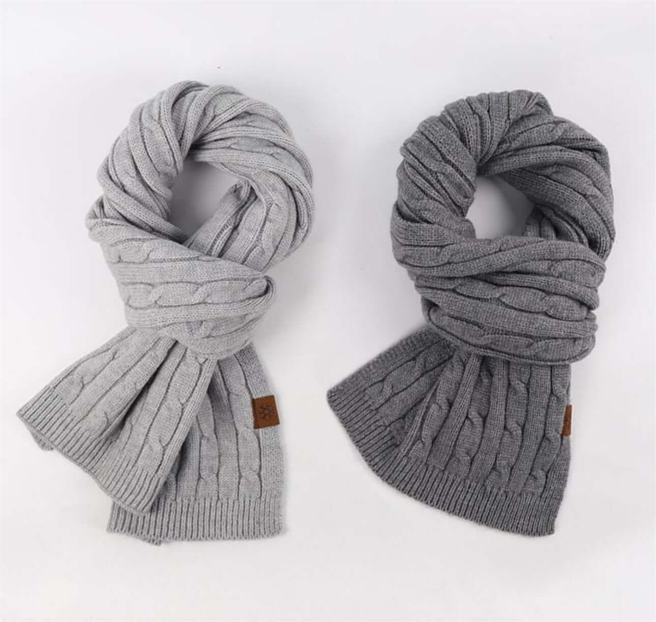 Thick Cable-Knit Scarf OEM in gray color, showcasing two stylish winter scarves perfect for unisex fashion.