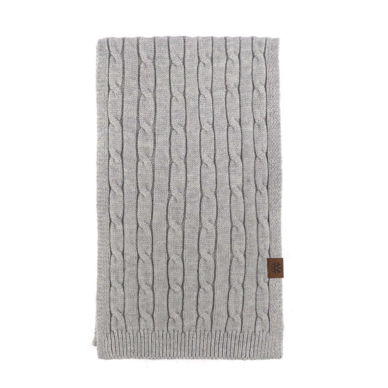 Thick Cable-Knit Scarf OEM in light gray color, featuring a textured design and a branded tag.