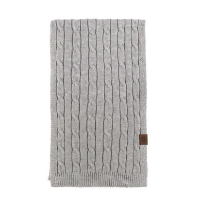 Thick Cable-Knit Scarf OEM in light gray color, featuring a textured design and a branded tag.