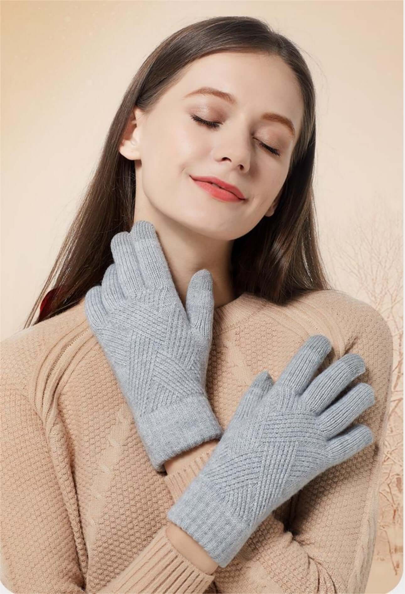 OEM touchscreen gloves displayed on a model with a cozy sweater, showcasing a classy diamond pattern design.