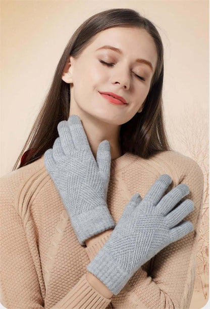 OEM touchscreen gloves displayed on a model with a cozy sweater, showcasing a classy diamond pattern design.