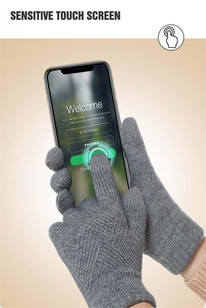 Unisex diamond pattern OEM touchscreen gloves in grey, using a smartphone with sensitive touch screen feature.