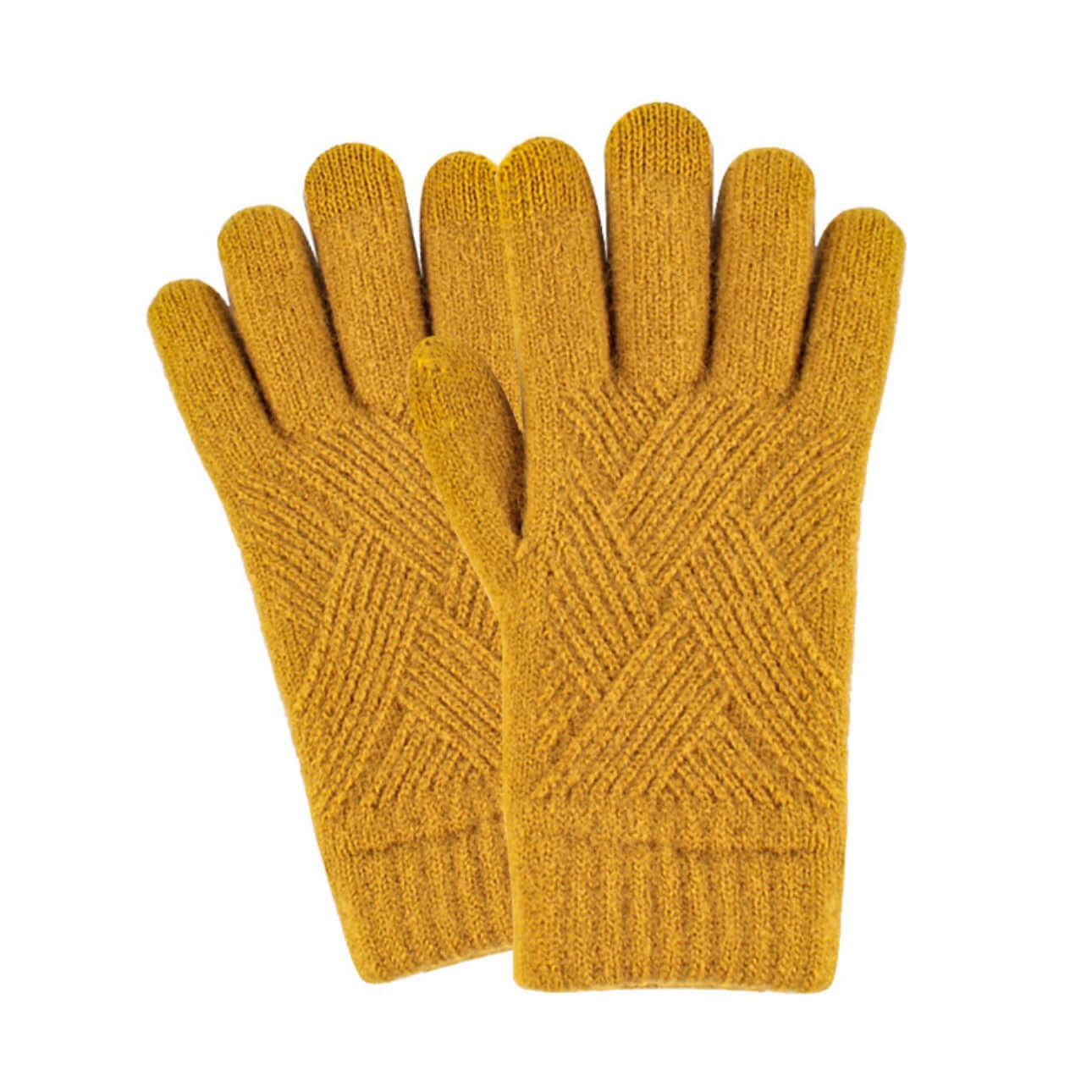 OEM touchscreen gloves in a stylish mustard yellow diamond pattern, ideal for unisex winter wear, bulk wholesale.