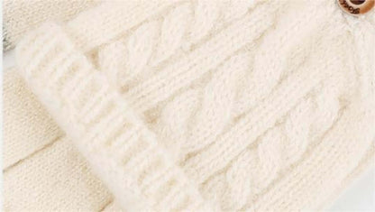 Flip Cap Fingerless Gloves OEM in soft cream knit with cable pattern and button detail.