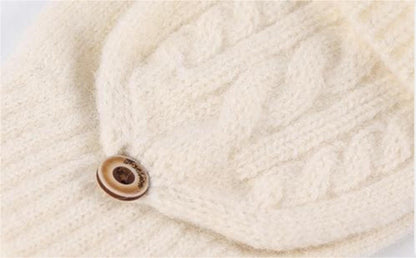Close-up of Flip Cap Fingerless Gloves OEM showcasing cable knit pattern and decorative button.