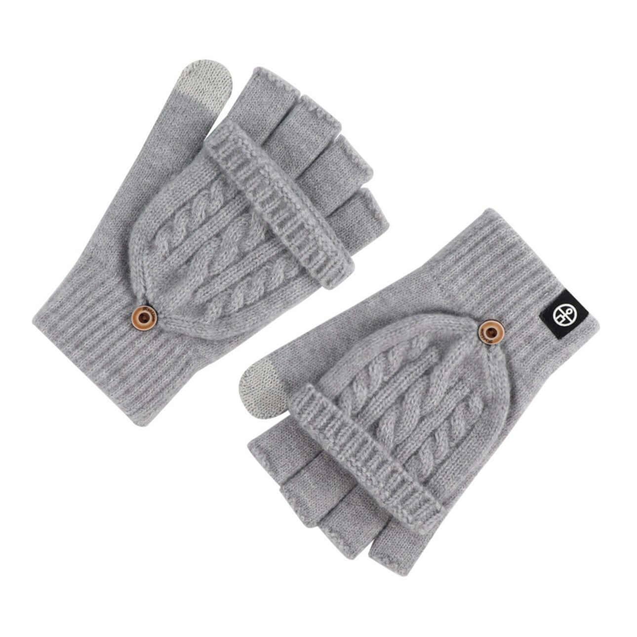 Flip Cap Fingerless Gloves OEM in grey with cable knit design and button detail, fleece lined and touchscreen compatible.