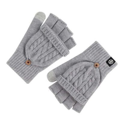 Flip Cap Fingerless Gloves OEM in grey with cable knit design and button detail, fleece lined and touchscreen compatible.