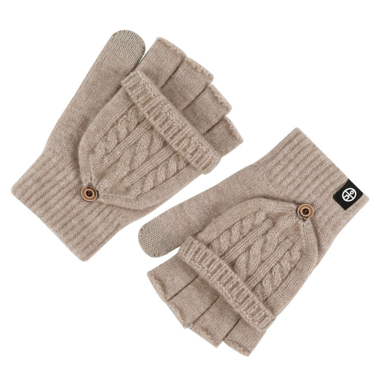 Flip Cap Fingerless Gloves OEM in beige, featuring a cable knit design and button detail, suitable for touchscreen use.