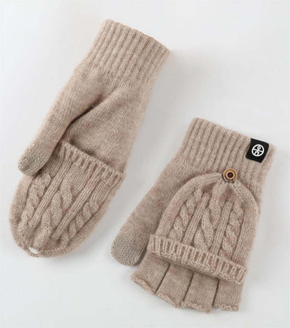 Flip Cap Fingerless Gloves OEM in beige, featuring cable knit design and button detail, perfect for winter handwear.