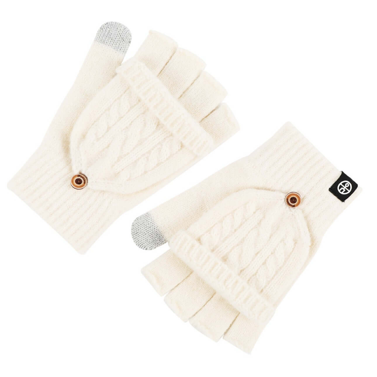 Flip Cap Fingerless Gloves OEM in cream color, fleece lined with touchscreen functionality, stylish cable knit design.