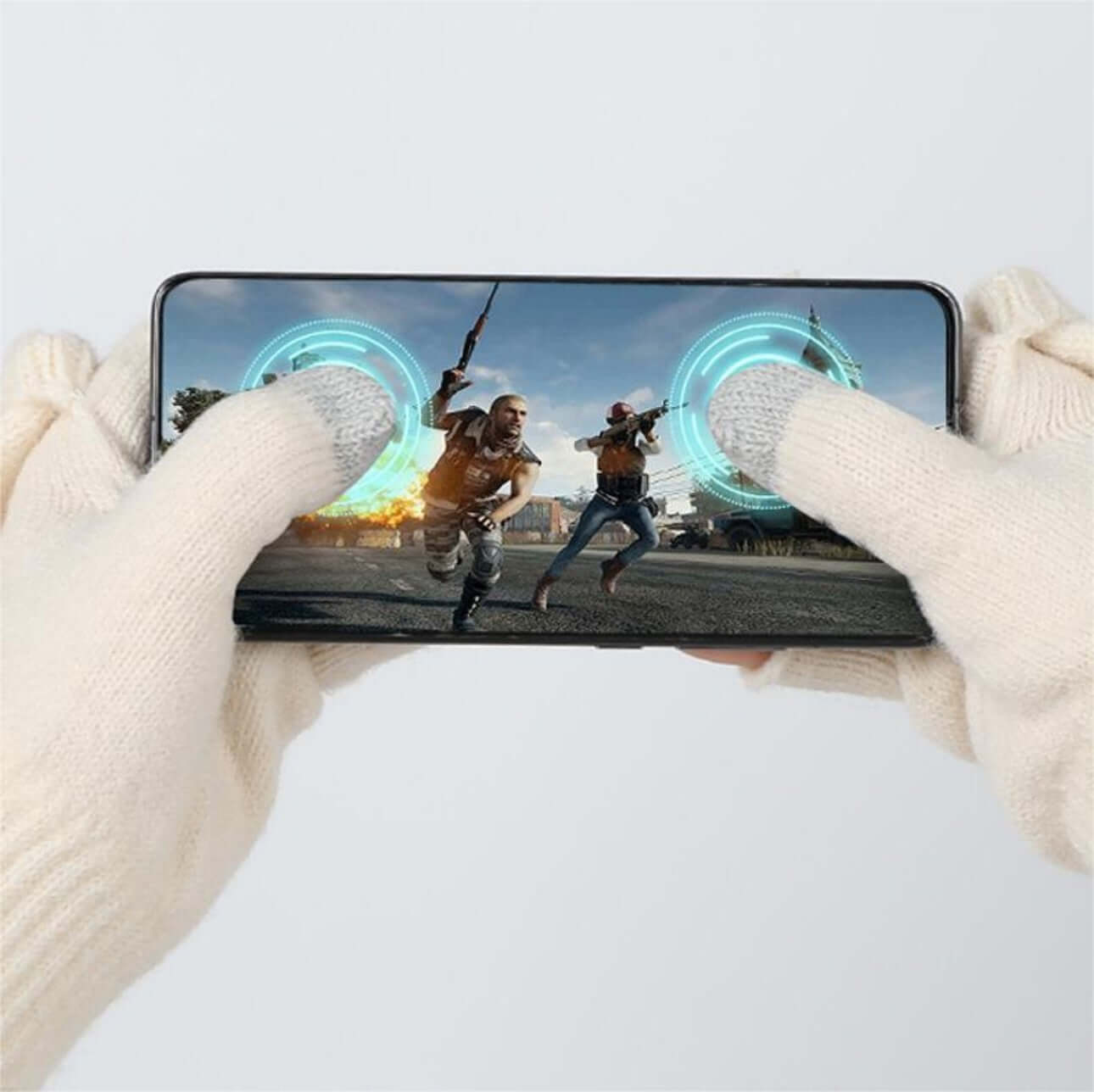 Person wearing Flip Cap Fingerless Gloves OEM while playing a video game on a smartphone.