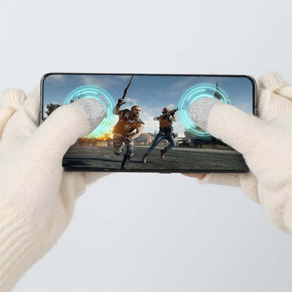 Person wearing Flip Cap Fingerless Gloves OEM while playing a video game on a smartphone.