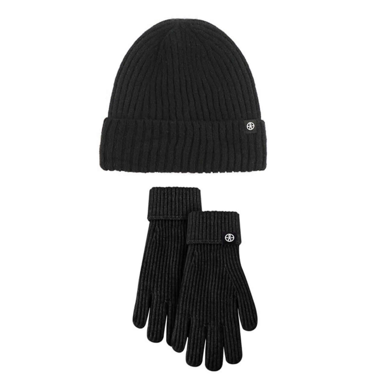Cold proof hat and gloves set in black, featuring a ribbed design, ideal for winter wear and OEM bulk wholesale.