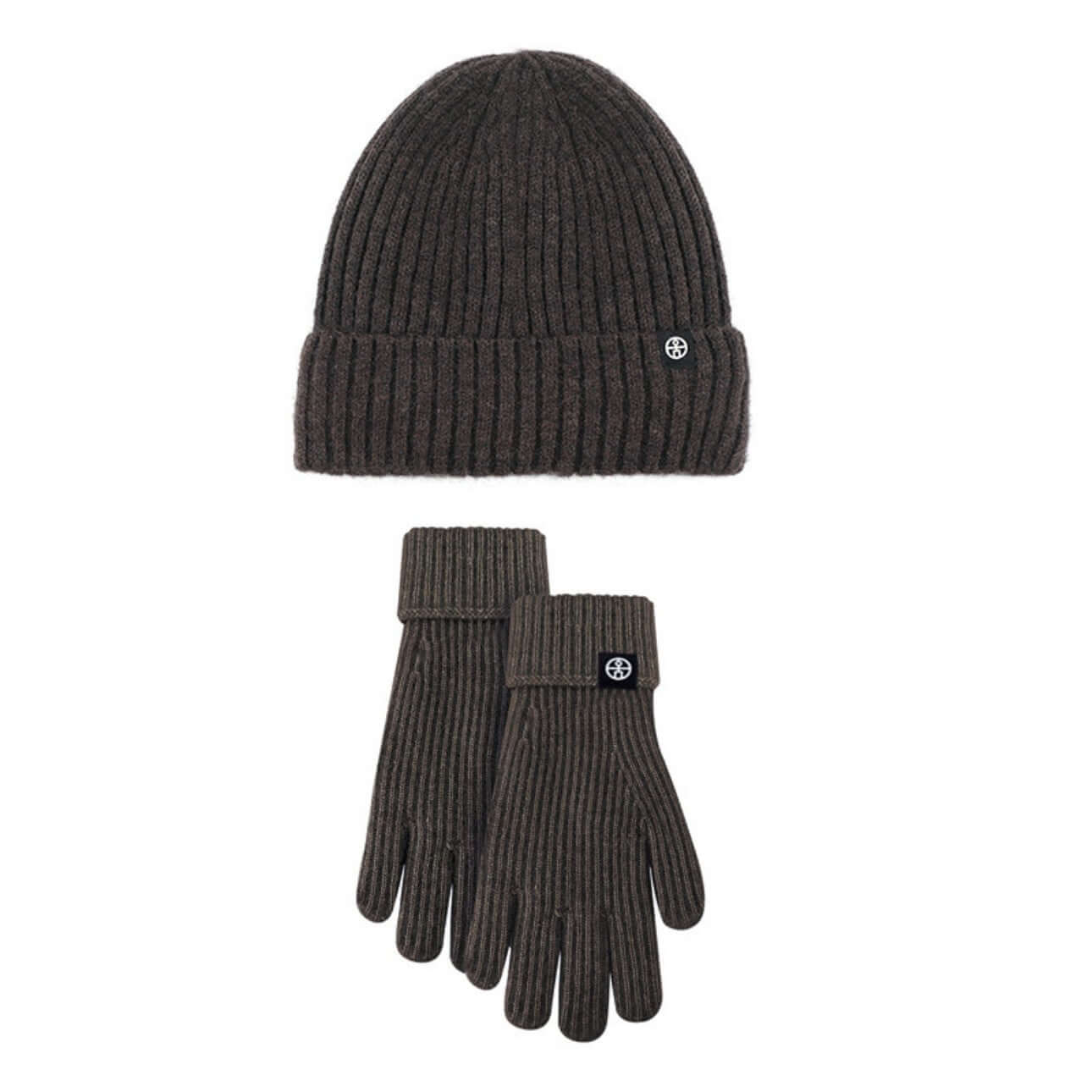 Cold proof hat and gloves set in dark gray ribbed knit design, perfect for winter warmth and style.