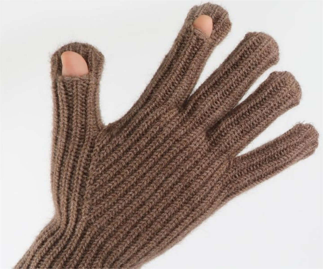 Cold proof hat and gloves set featuring a brown knitted glove with fingerless design, perfect for winter wear.