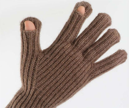 Cold proof hat and gloves set featuring a brown knitted glove with fingerless design, perfect for winter wear.