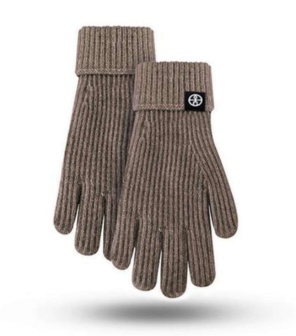 Cold proof hat and gloves set featuring a pair of brown ribbed gloves, perfect for winter and outdoor activities.