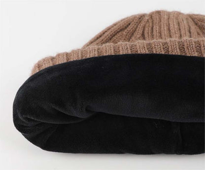 Cold proof hat and gloves set showing a warm knit hat with a soft black lining, perfect for winter protection.