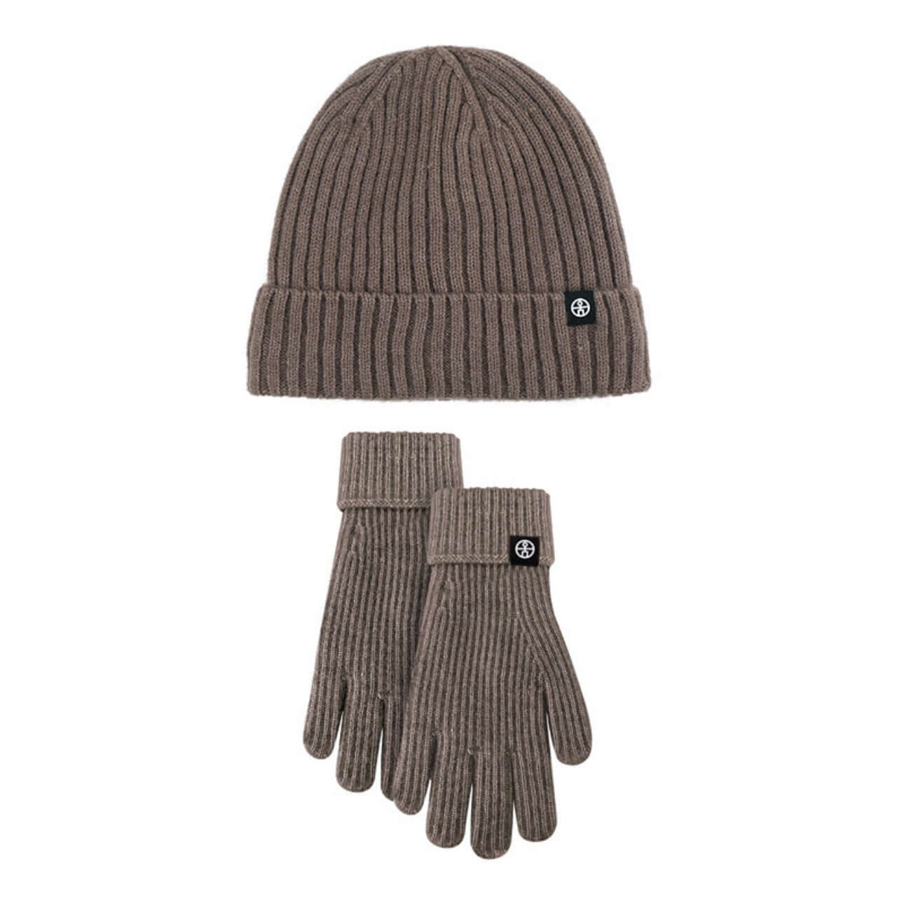 Cold proof hat and gloves set in brown ribbed knit, perfect for winter and bulk wholesale.