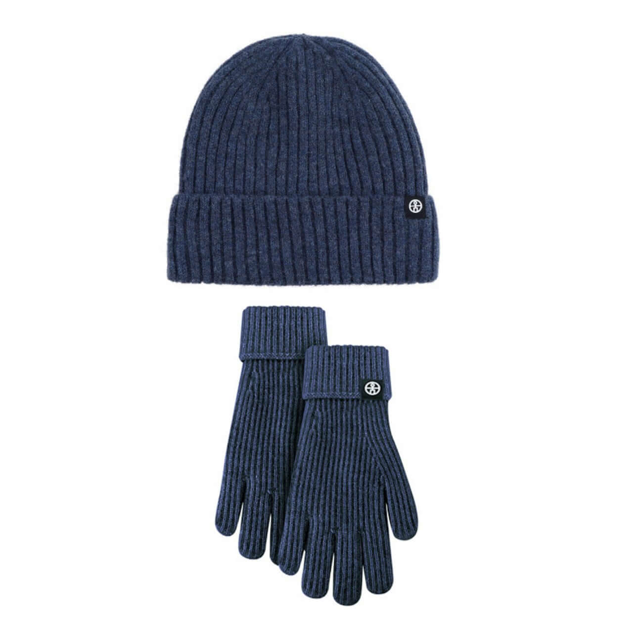 Cold proof hat and gloves set in navy blue, featuring ribbed knit design, perfect for winter wear.
