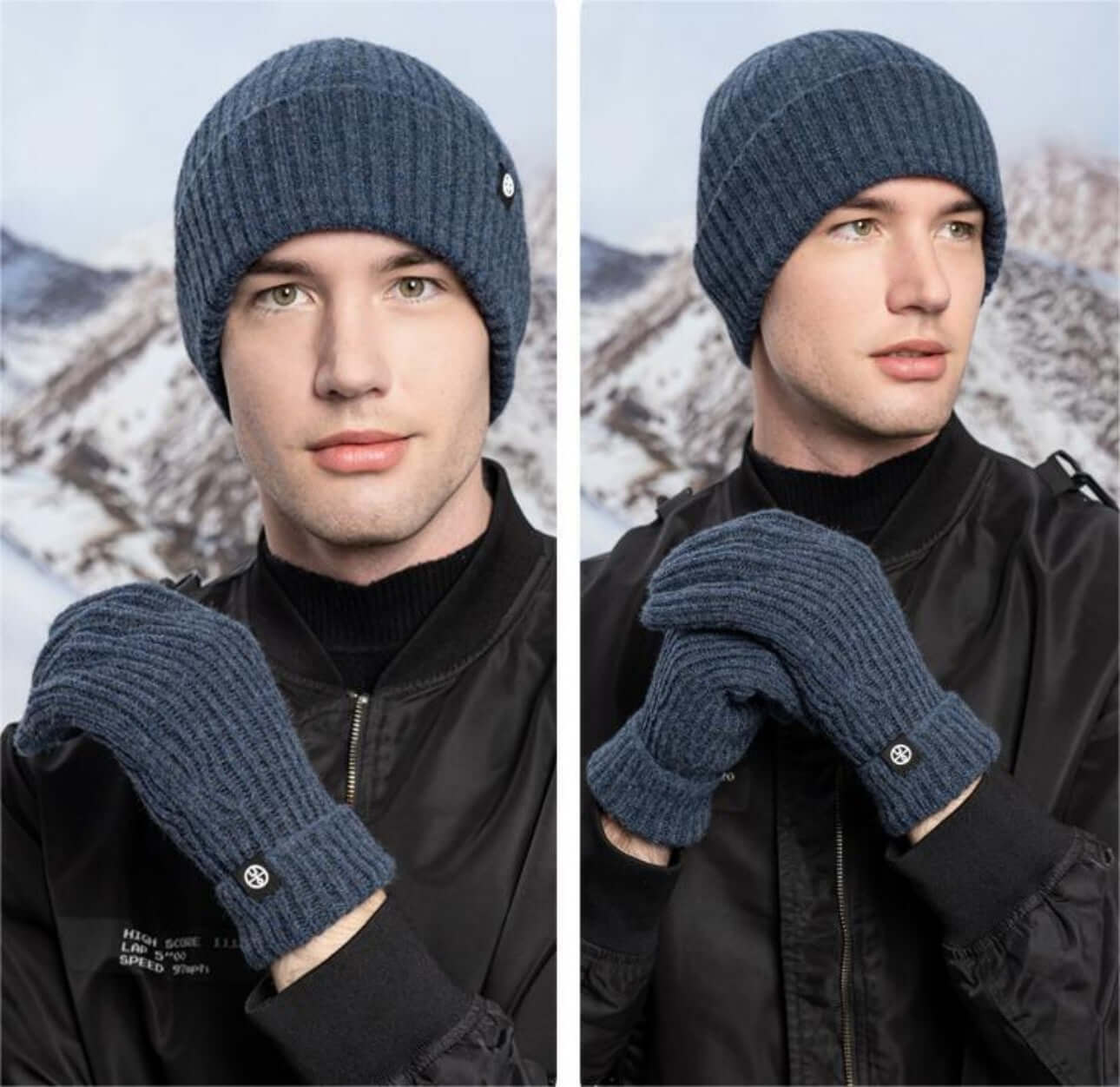Cold proof hat and gloves set worn by a model against a snowy mountain backdrop, showcasing winter knitwear for men.