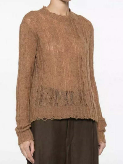 Sheer cashmere sweater manufacturer showing front view of brown lightweight sheer sweater, style WCS-SS26130