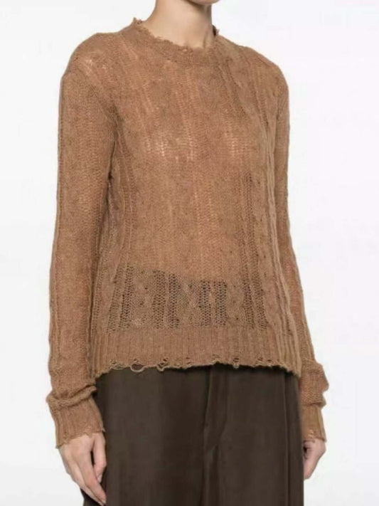 Sheer cashmere sweater manufacturer showing front view of brown lightweight sheer sweater, style WCS-SS26130